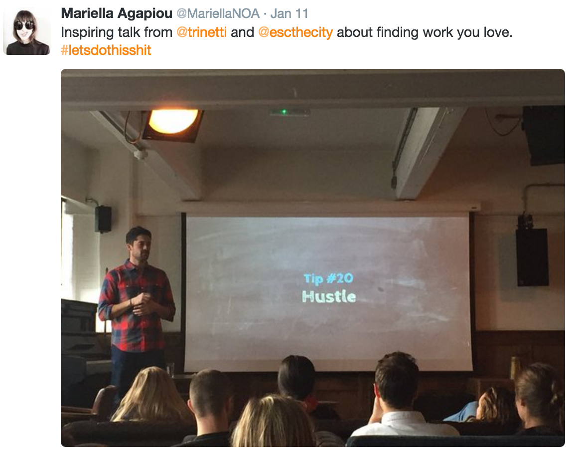 Giving a talk at Shoreditch House in London. Tweet and photo by @MariellaNOA.